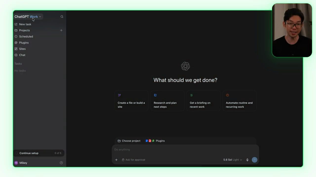 ChatGPT ở chế độ Work với câu What should we get done? và con trỏ ở bộ chuyển góc trên