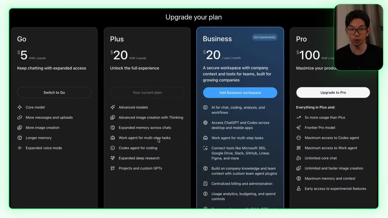 Màn hình Upgrade your plan với bốn gói Go, Plus, Business, Pro