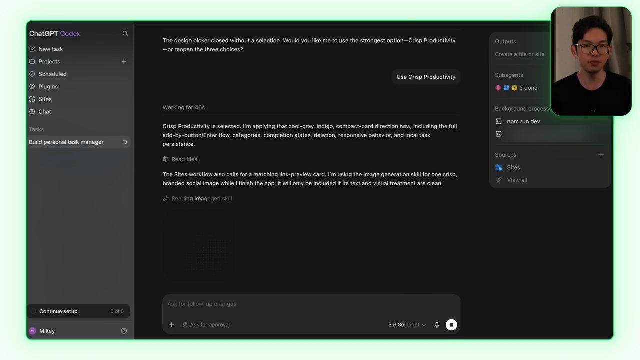 Codex trong lúc build: chọn Crisp Productivity, panel phải có Subagents 3 done và Background processes