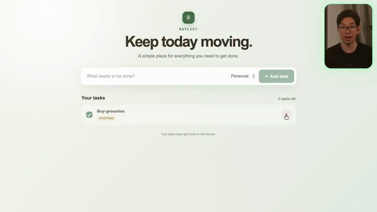 Bản đầu của app Daylist: Keep today moving, ô thêm task và task Buy groceries đã gạch ngang