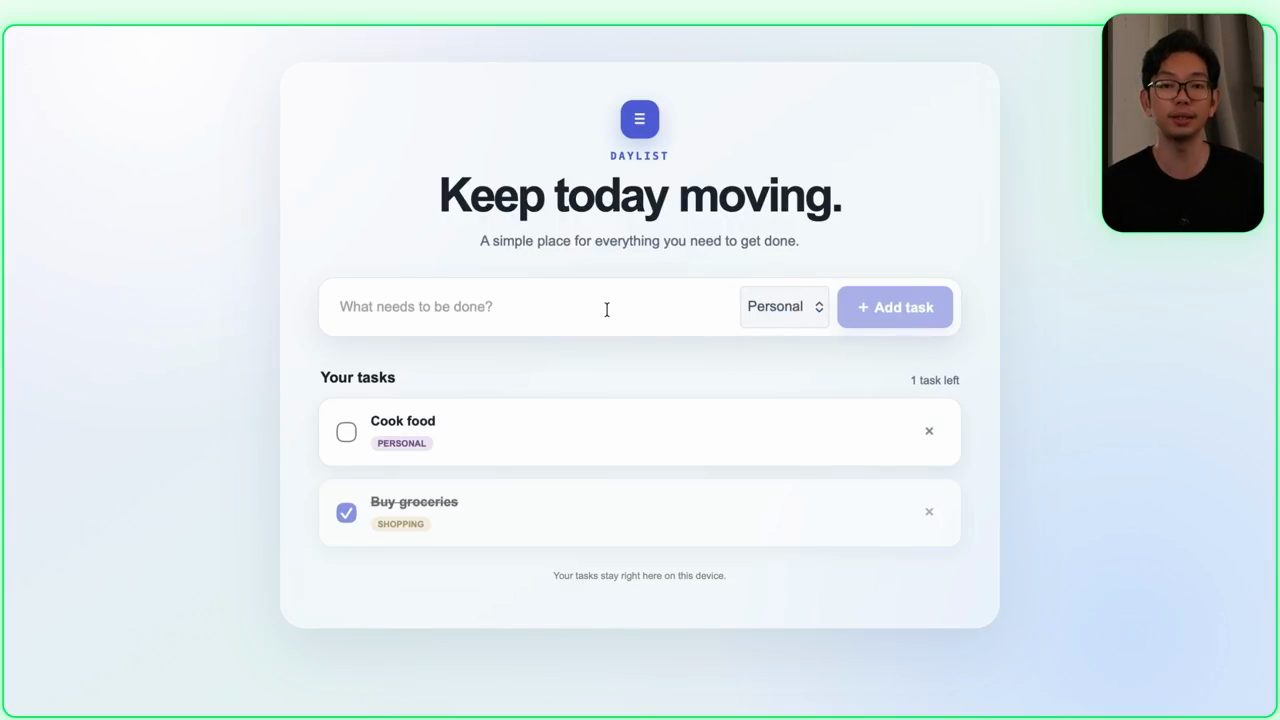 App Daylist sau Prompt 2 với nền xanh dịu, thẻ task bo góc và nút Add task màu indigo