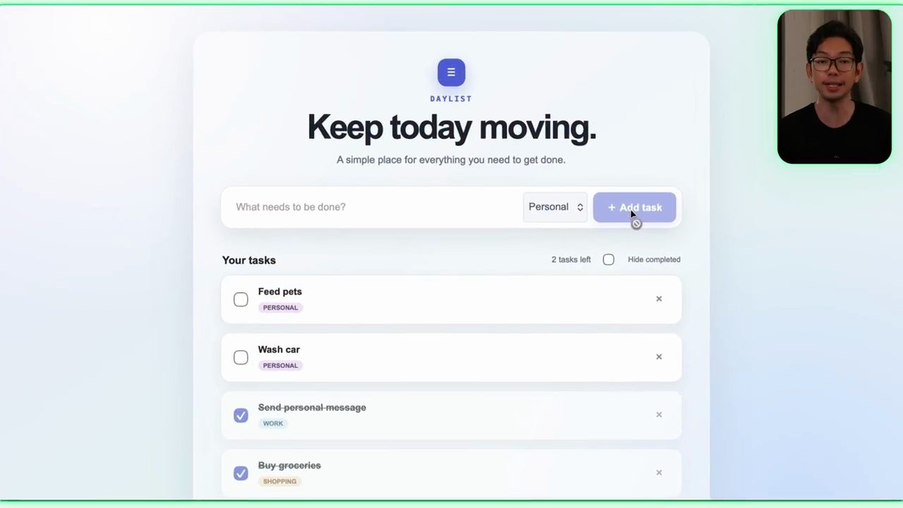 App sau Prompt 3 với dòng 2 tasks left và ô Hide completed cạnh tiêu đề Your tasks