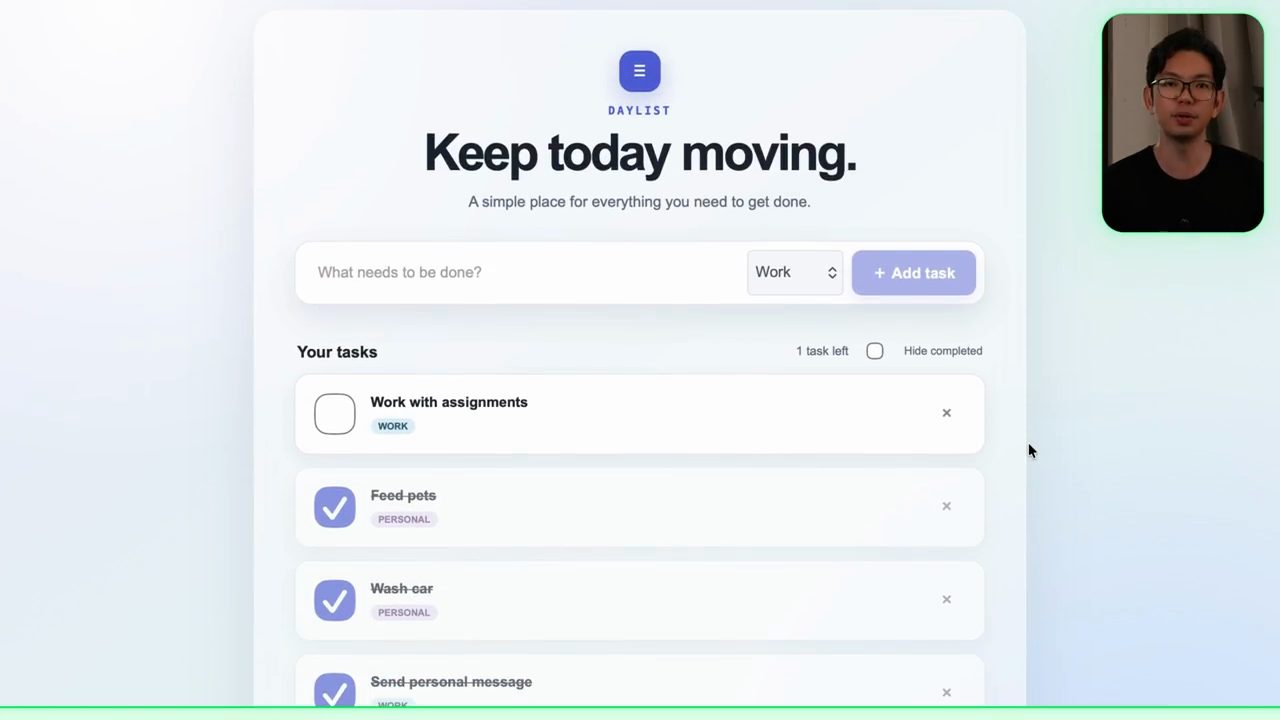 App Daylist sau Prompt 4 với checkbox lớn hơn và các thẻ task cân đối