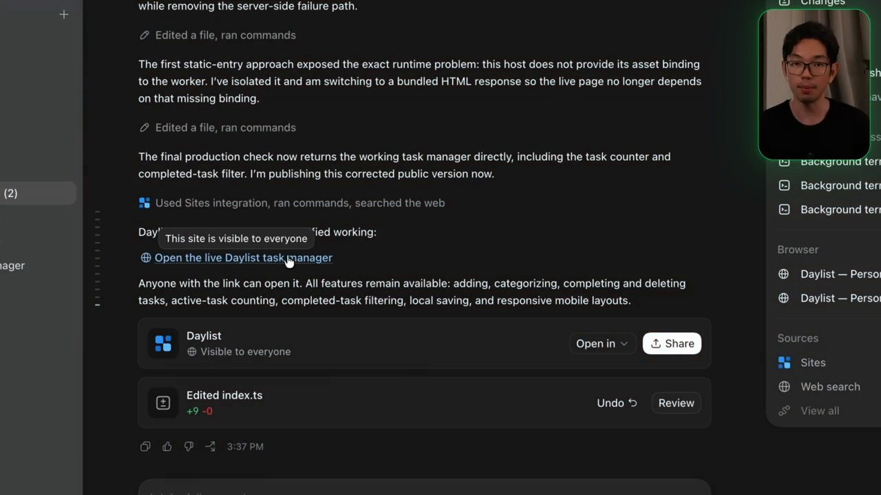 Codex báo bản production đã chạy và link Open the live Daylist task manager với chú thích This site is visible to everyone