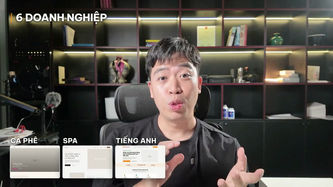 Thanh Trần ngồi trước kệ sách, dòng chữ 6 doanh nghiệp và ba ảnh trang web cà phê, spa, tiếng Anh