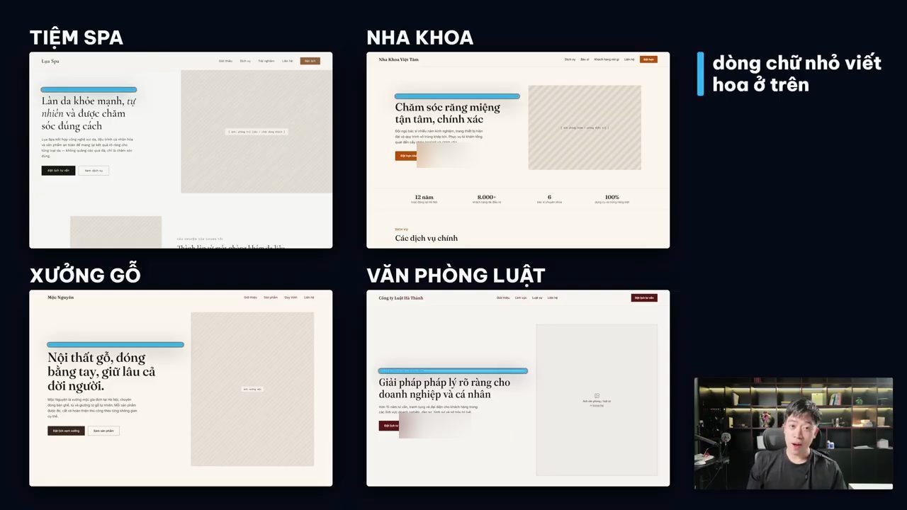 Bốn trang web của tiệm spa, nha khoa, xưởng gỗ và văn phòng luật, dòng chữ nhỏ viết hoa trên tiêu đề được tô xanh