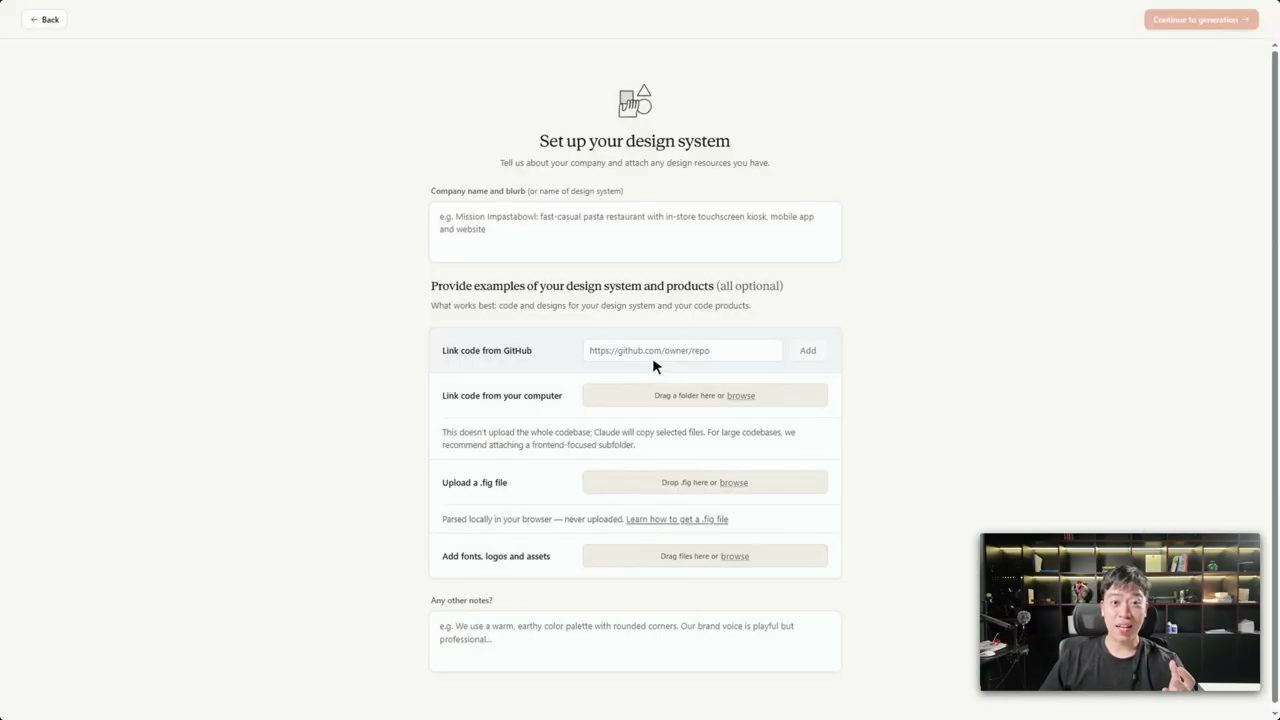 Tờ khai Set up your design system: ô tên công ty, các ô link GitHub, thư mục, file .fig, phông và logo, ô ghi chú
