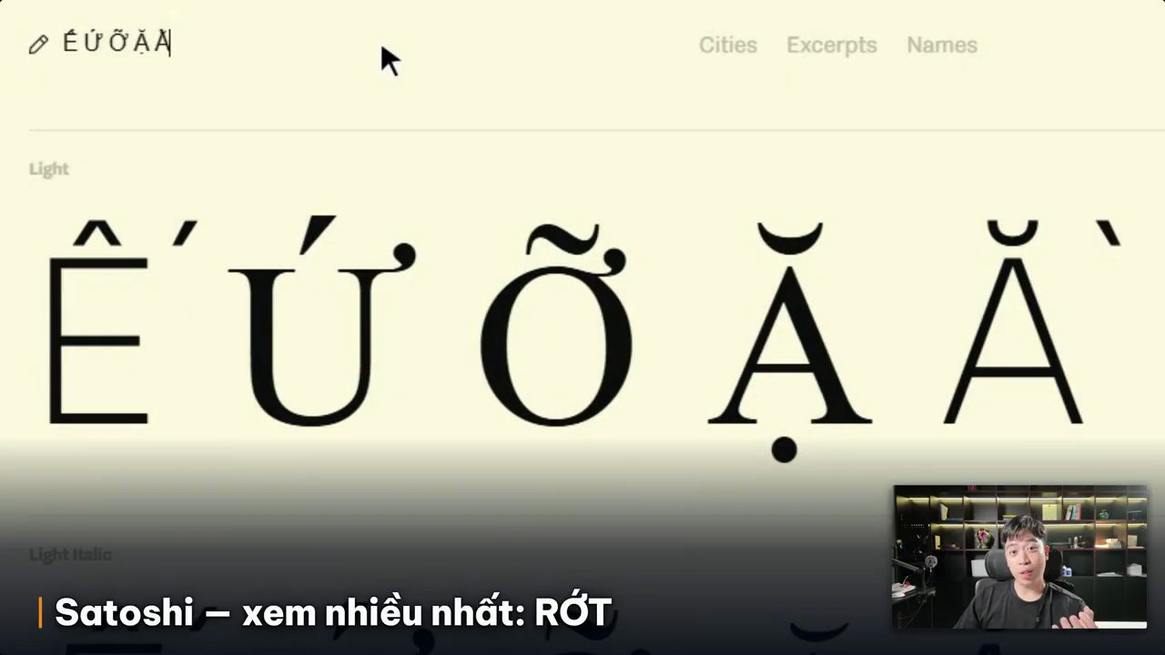 Trang xem thử phông Satoshi trên Fontshare với năm chữ Ế Ứ Ỡ Ặ Ằ, dấu bị rời và lệch kiểu chữ