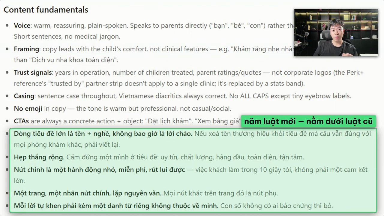 Mục Content fundamentals của tờ giấy nha khoa, năm luật mới được thêm vào khung xanh bên dưới các luật cũ