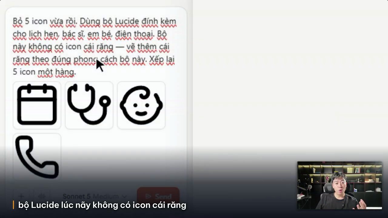Câu lệnh yêu cầu dùng bộ Lucide đính kèm và vẽ thêm icon cái răng, bên dưới là bốn icon Lucide lịch, ống nghe, em bé, điện thoại