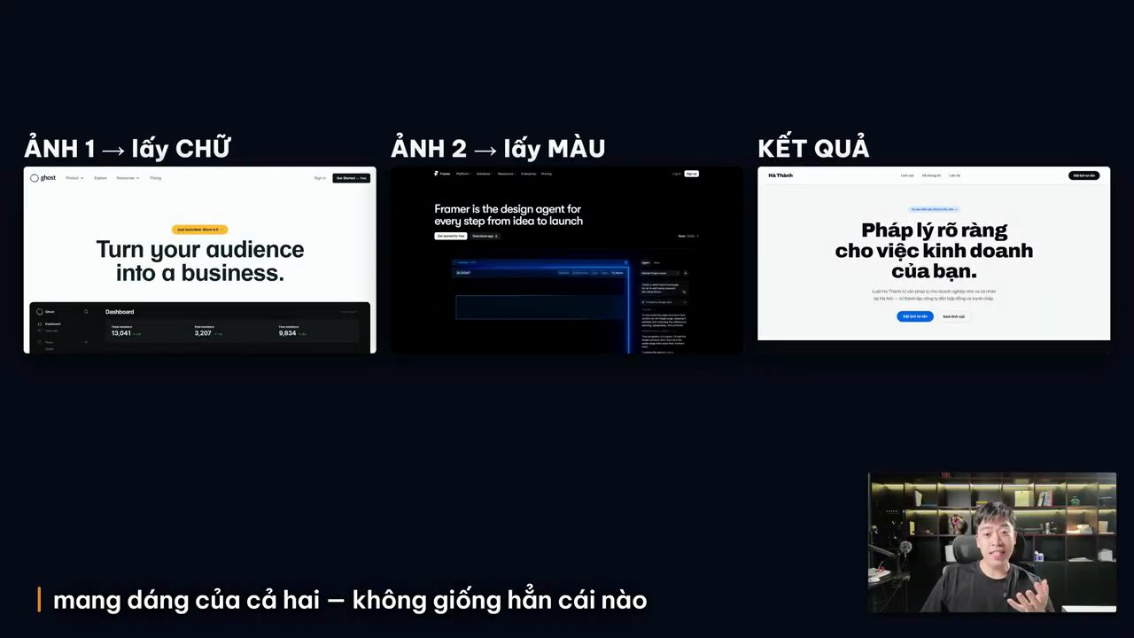 Ba khung: ảnh 1 trang chủ Ghost lấy chữ, ảnh 2 trang chủ Framer lấy màu, kết quả trang văn phòng luật Hà Thành