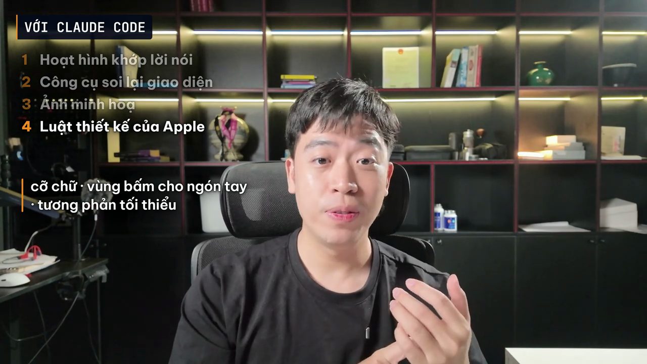 Thanh Trần nói về danh sách Với Claude Code: hoạt hình khớp lời nói, công cụ soi lại giao diện, ảnh minh hoạ, luật thiết kế của Apple