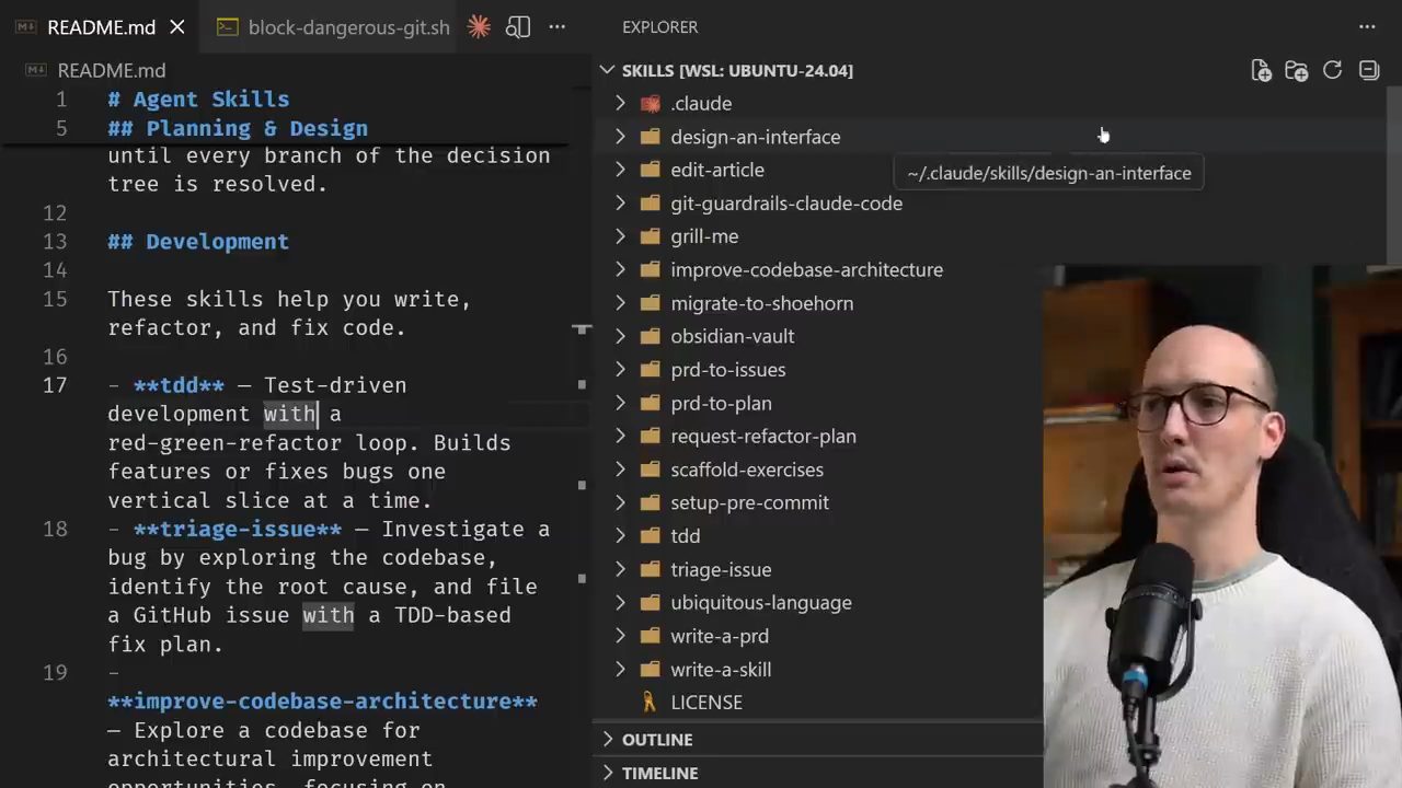 VS Code mở README của repo Agent Skills, bên phải là danh sách thư mục skill