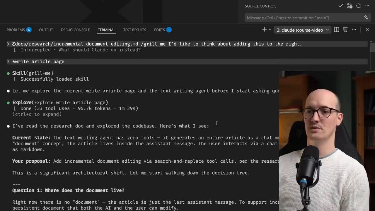 Terminal Claude Code: lệnh /grill-me với file research, skill được tải và câu hỏi 1