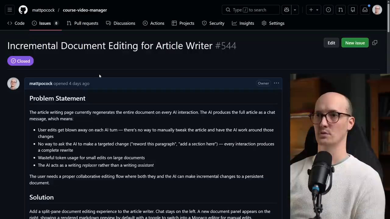 GitHub issue Incremental Document Editing for Article Writer #544 với Problem Statement
