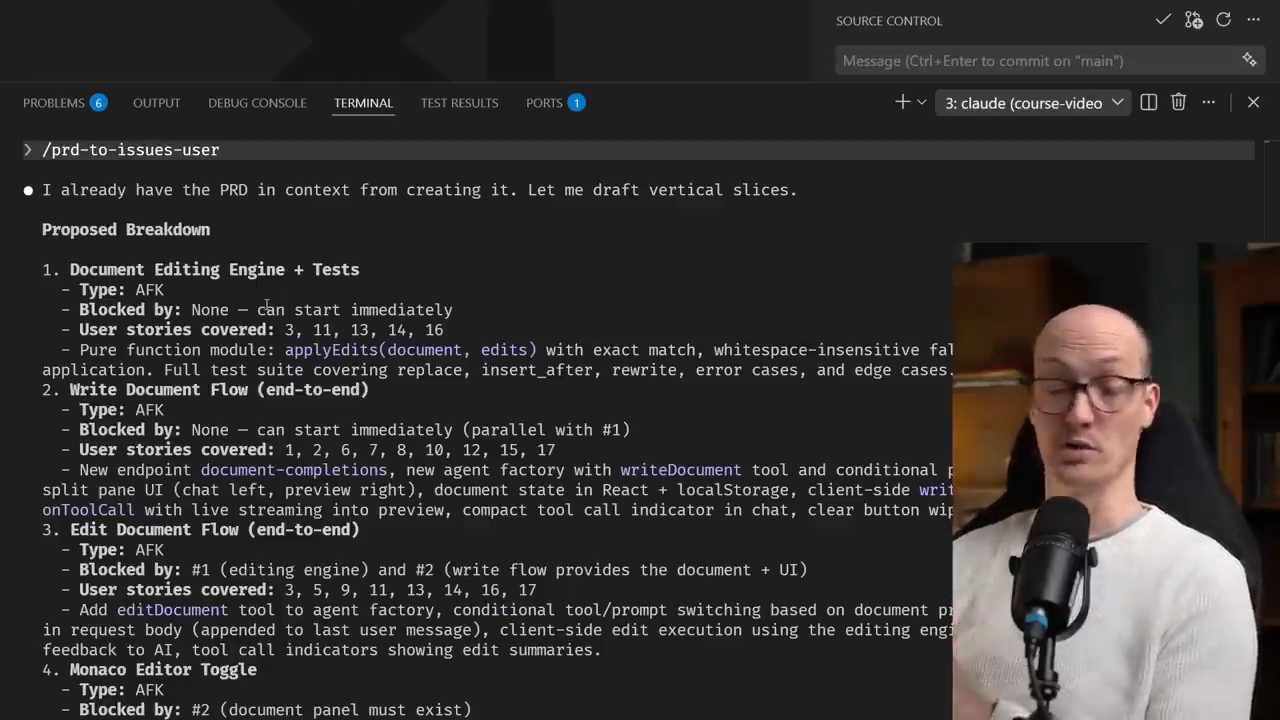 Terminal: /prd-to-issues-user và Proposed Breakdown bốn slice