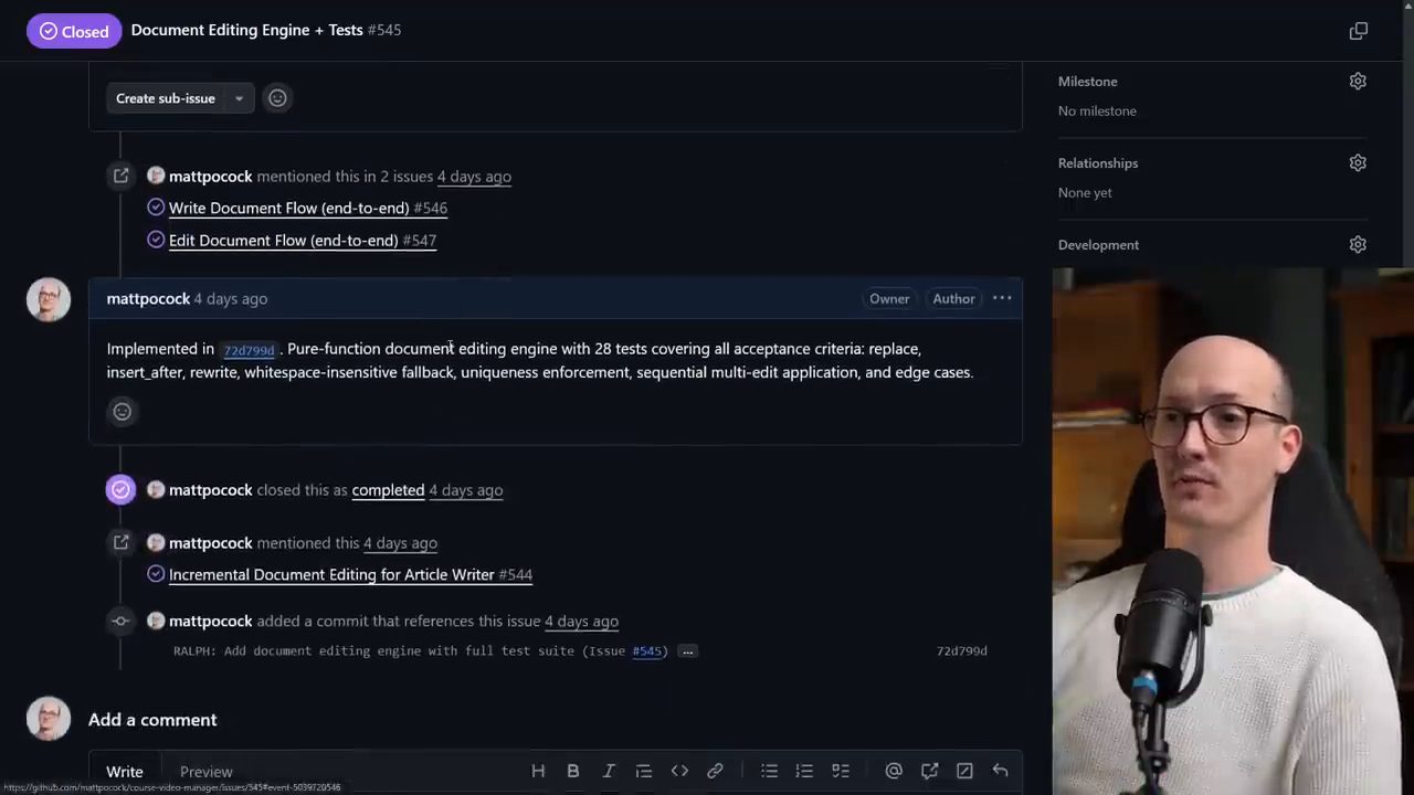 GitHub issue Document Editing Engine + Tests #545 với comment đã implement và commit RALPH