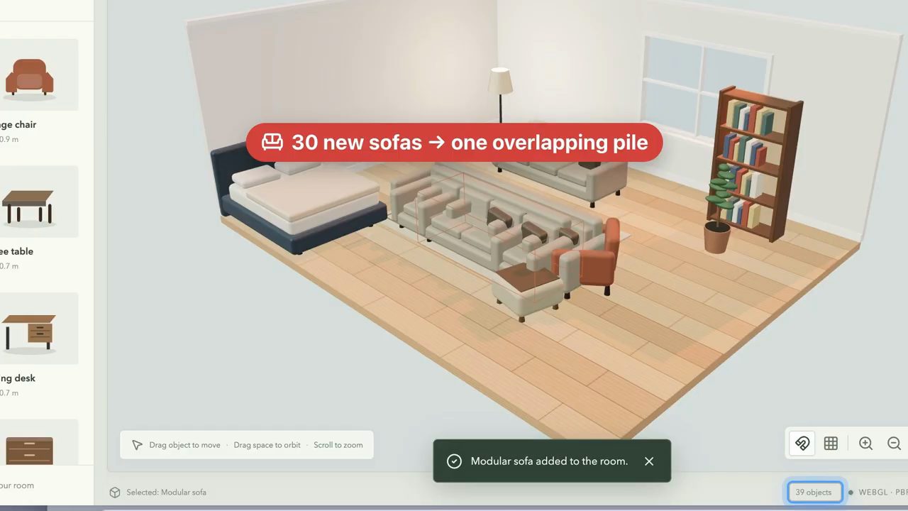 Trình thiết kế phòng 3D với đống sofa chồng lên nhau giữa phòng, nhãn 30 new sofas → one overlapping pile