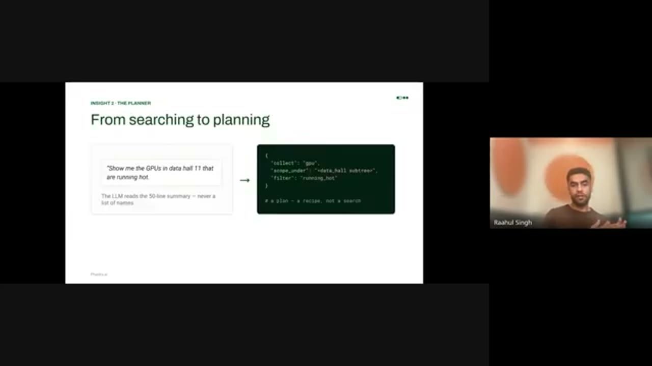 Slide From searching to planning: câu hỏi người dùng thành một plan JSON