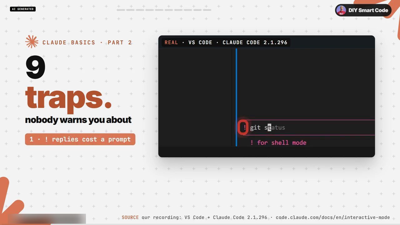 Slide 9 traps nobody warns you about, cạnh terminal Claude Code 2.1.296 với dòng ! git status