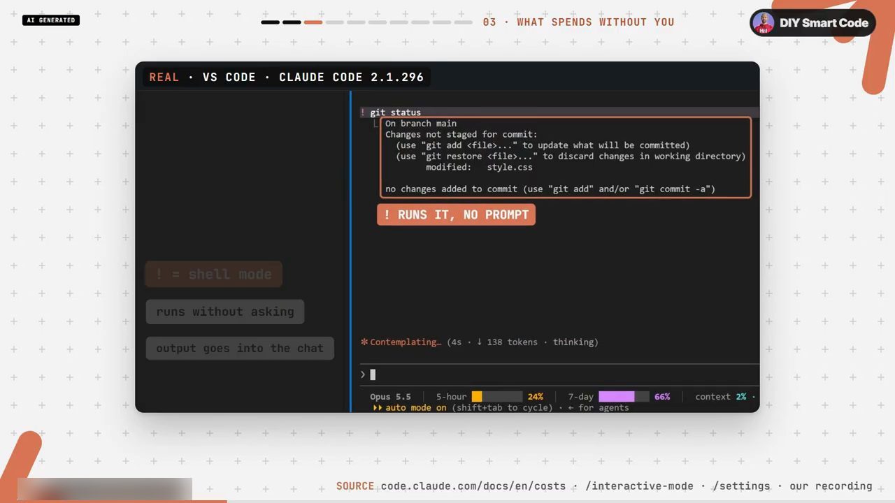 Terminal Claude Code: ! git status in ra trạng thái repo, nhãn ! RUNS IT, NO PROMPT, Claude đang Contemplating