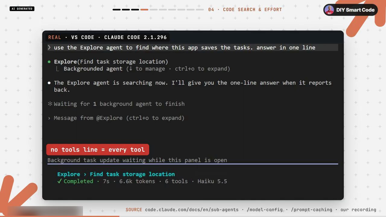 Terminal: use the Explore agent to find where this app saves the tasks, Explore Completed 7s, 6.6k tokens, 6 tools, Haiku 5.5