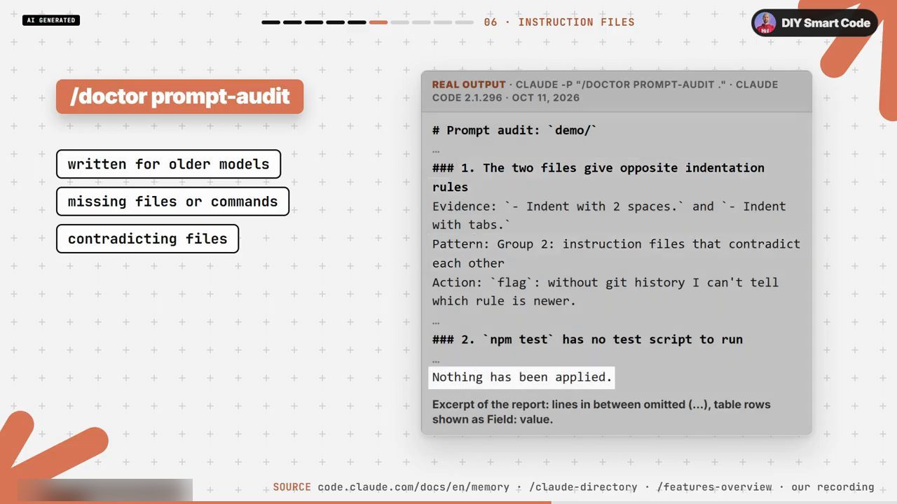 Slide /doctor prompt-audit với ba nhóm lỗi và output Prompt audit: demo/