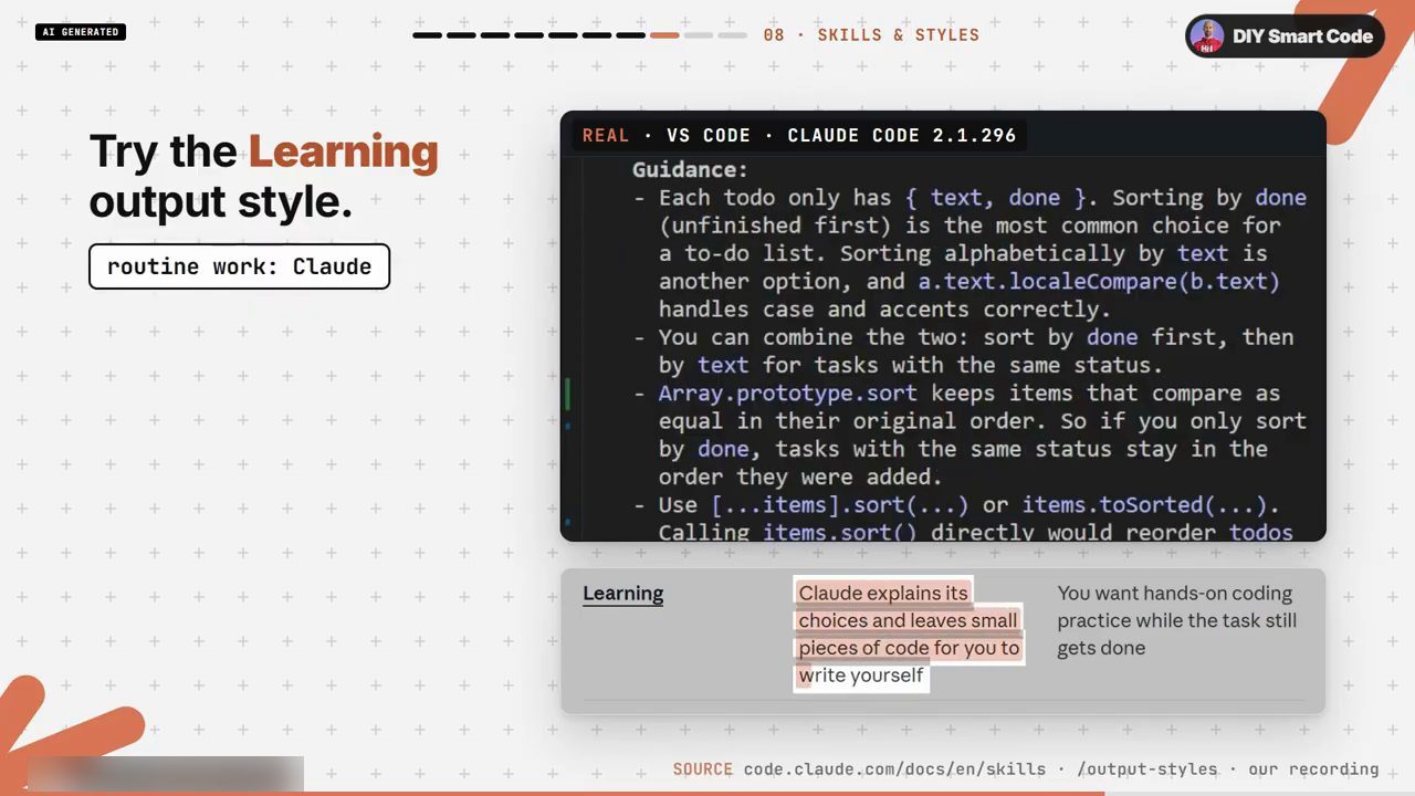 Slide Try the Learning output style với terminal hiện phần Guidance về sắp xếp todo và bảng mô tả style Learning