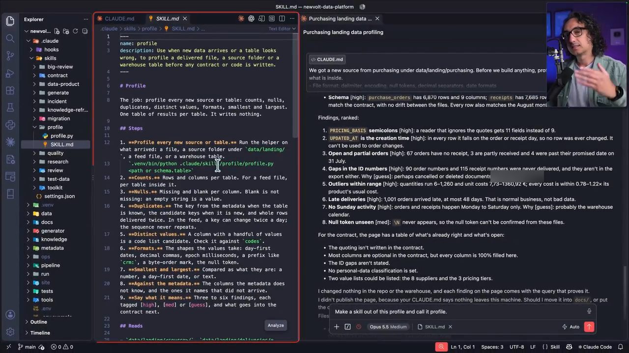 VS Code mở .claude/skills/profile/SKILL.md, bên phải là kết quả profiling trong Claude Code