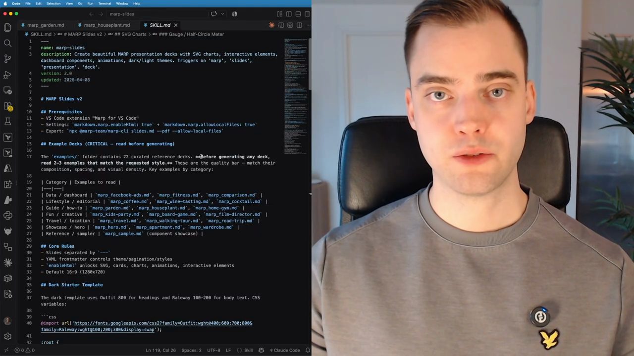 VS Code mở SKILL.md của marp-slides với front matter và mục Example Decks