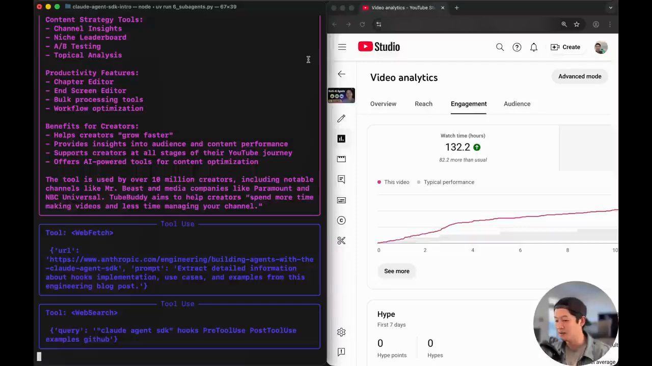 Bên trái là terminal với các khối Tool Use WebFetch và WebSearch, bên phải là YouTube Studio đang mở trang Video analytics