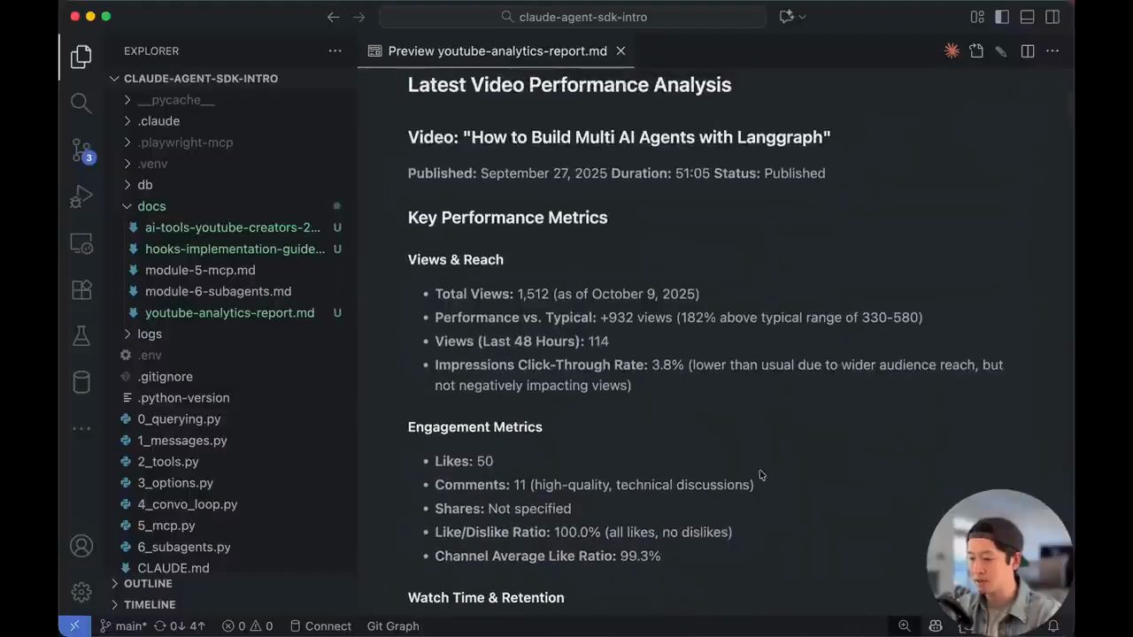 Bản preview youtube-analytics-report.md với Latest Video Performance Analysis, Views and Reach, Engagement Metrics