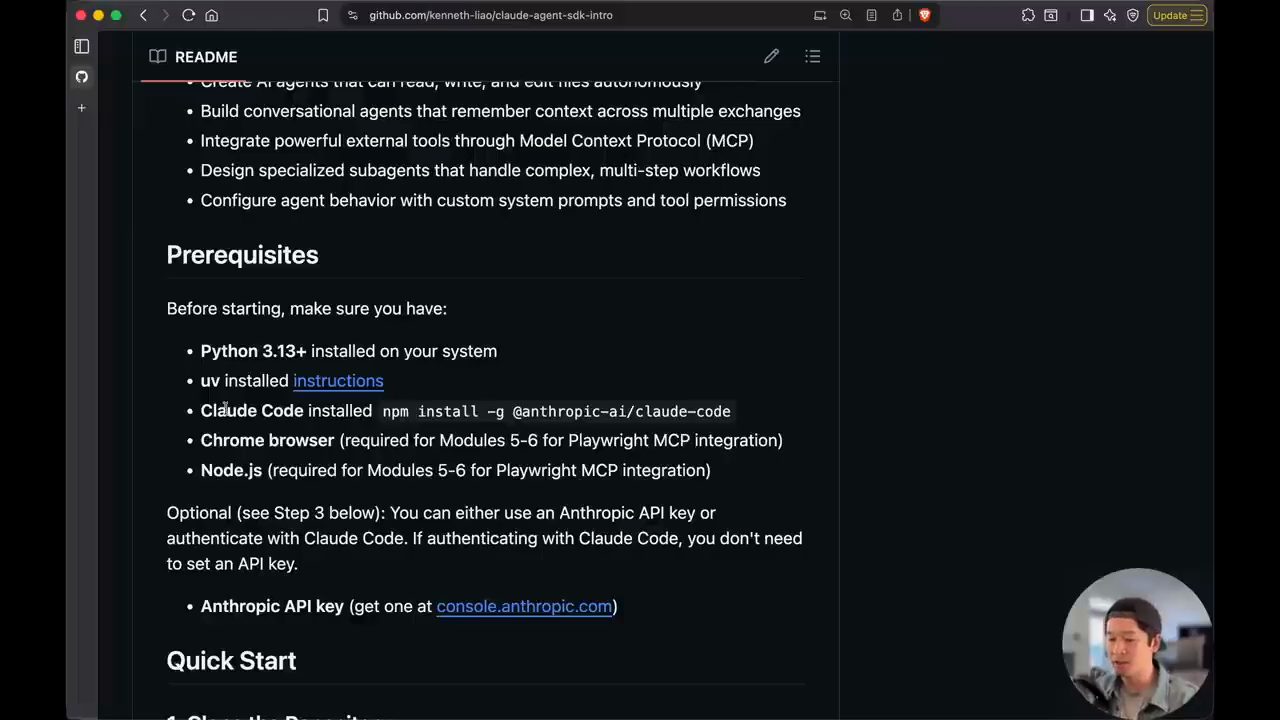 README của repo claude-agent-sdk-intro trên GitHub, mục Prerequisites