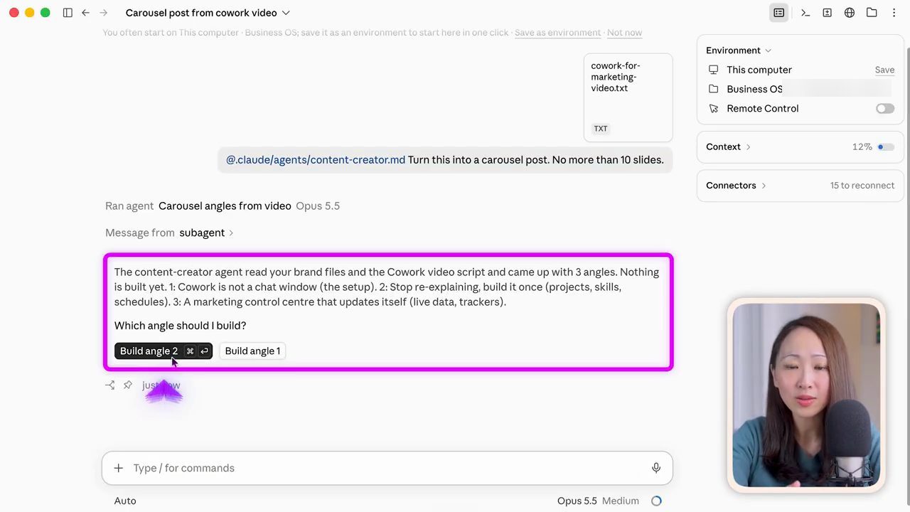 Subagent đề xuất ba góc cho carousel và nút Build angle