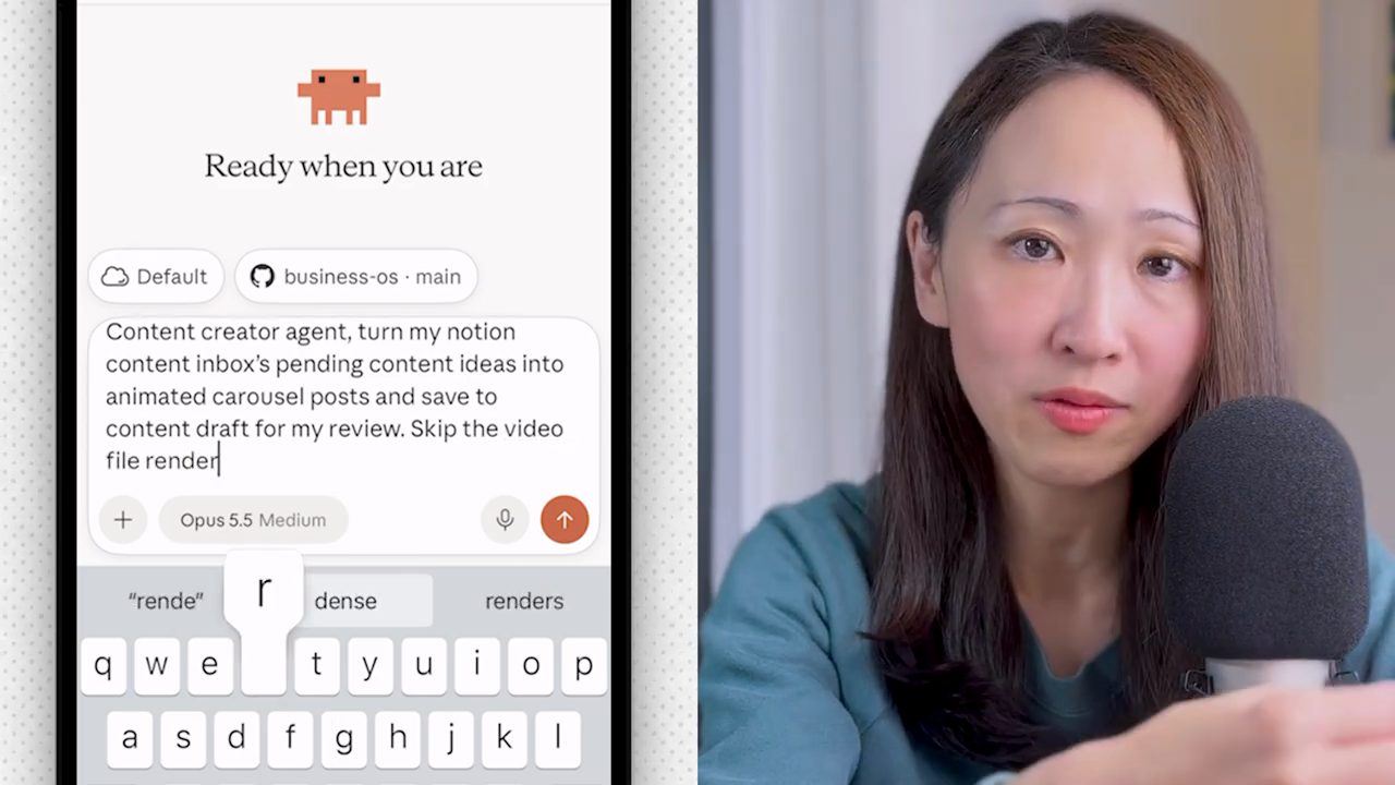 App Claude trên điện thoại với repo business-os main và câu lệnh cho content creator agent