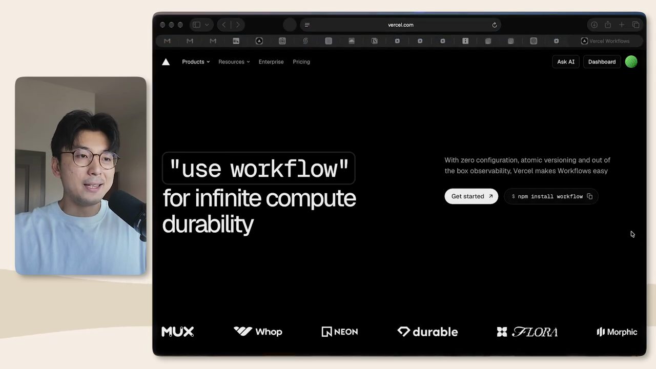Trang Vercel Workflows với dòng chữ lớn use workflow for infinite compute durability