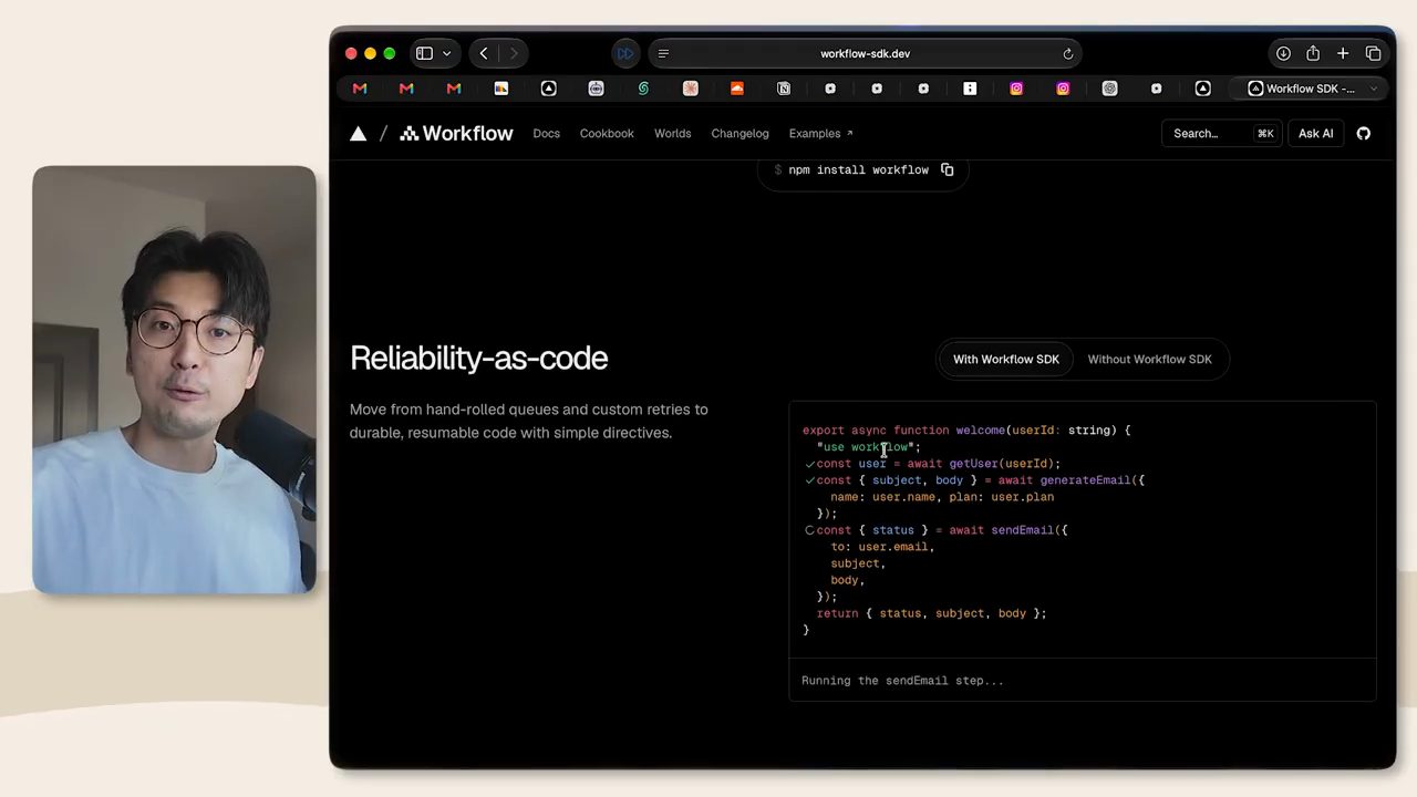 Trang Workflow SDK, mục Reliability-as-code với đoạn code export async function welcome có use workflow