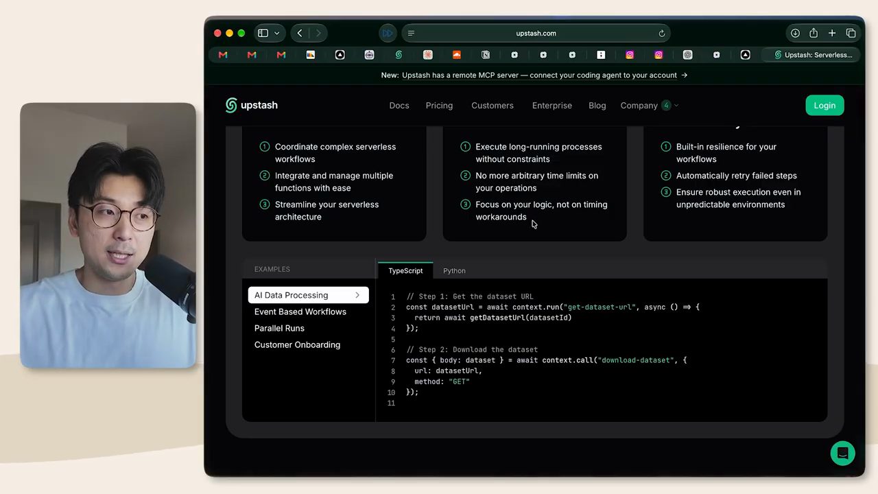 Trang Upstash Workflow với ba cột tính năng và một ví dụ code TypeScript AI Data Processing