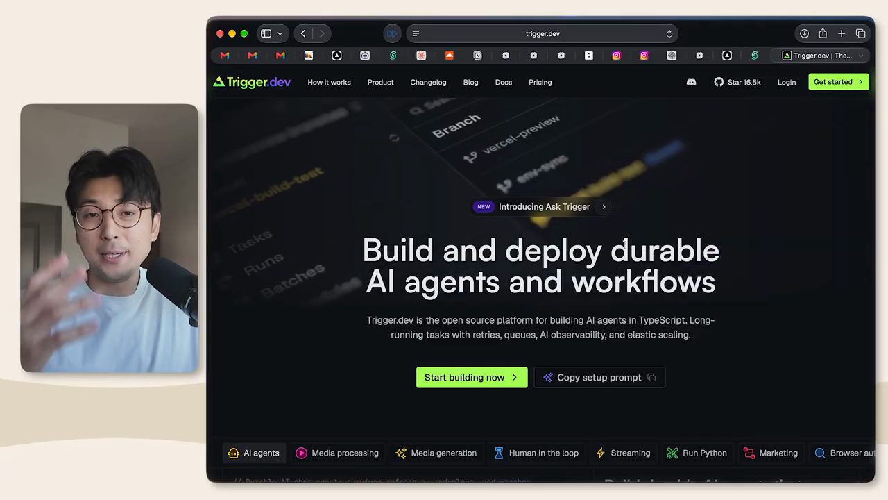 Trang chủ Trigger.dev với tiêu đề Build and deploy durable AI agents and workflows