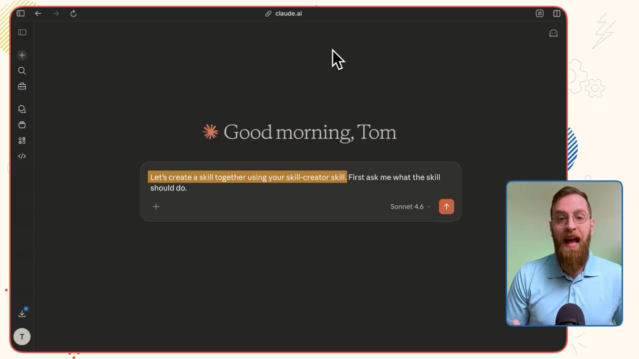 Màn hình chat mới với prompt điền sẵn để tạo skill bằng skill-creator