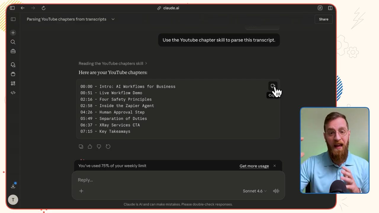 Claude trả về danh sách chapter YouTube trong một khối code