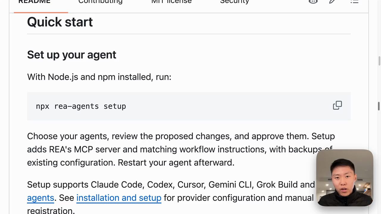 README của REA, mục Quick start, Set up your agent, lệnh npx rea-agents setup