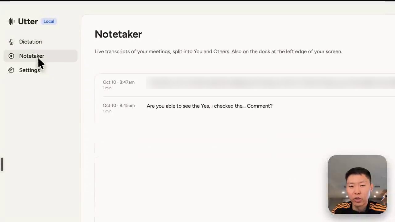 Ứng dụng Utter bản Local, mục Notetaker liệt kê phiên âm cuộc họp tách thành You và Others