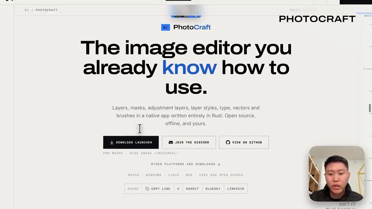 Trang chủ PhotoCraft: The image editor you already know how to use, native app viết hoàn toàn bằng Rust, mã nguồn mở, ngoại tuyến