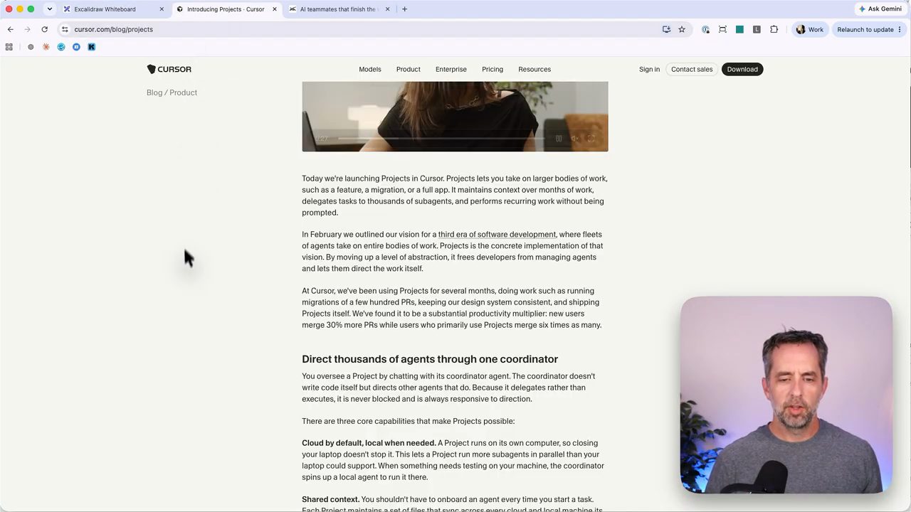 Bài blog Introducing Projects trên cursor.com với các đoạn giới thiệu và mục Direct thousands of agents through one coordinator