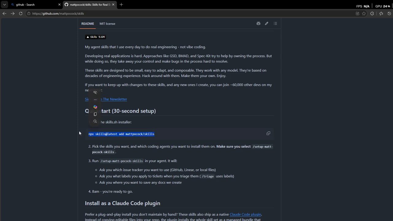 README của mattpocock/skills, đoạn Quickstart với lệnh npx được bôi đen
