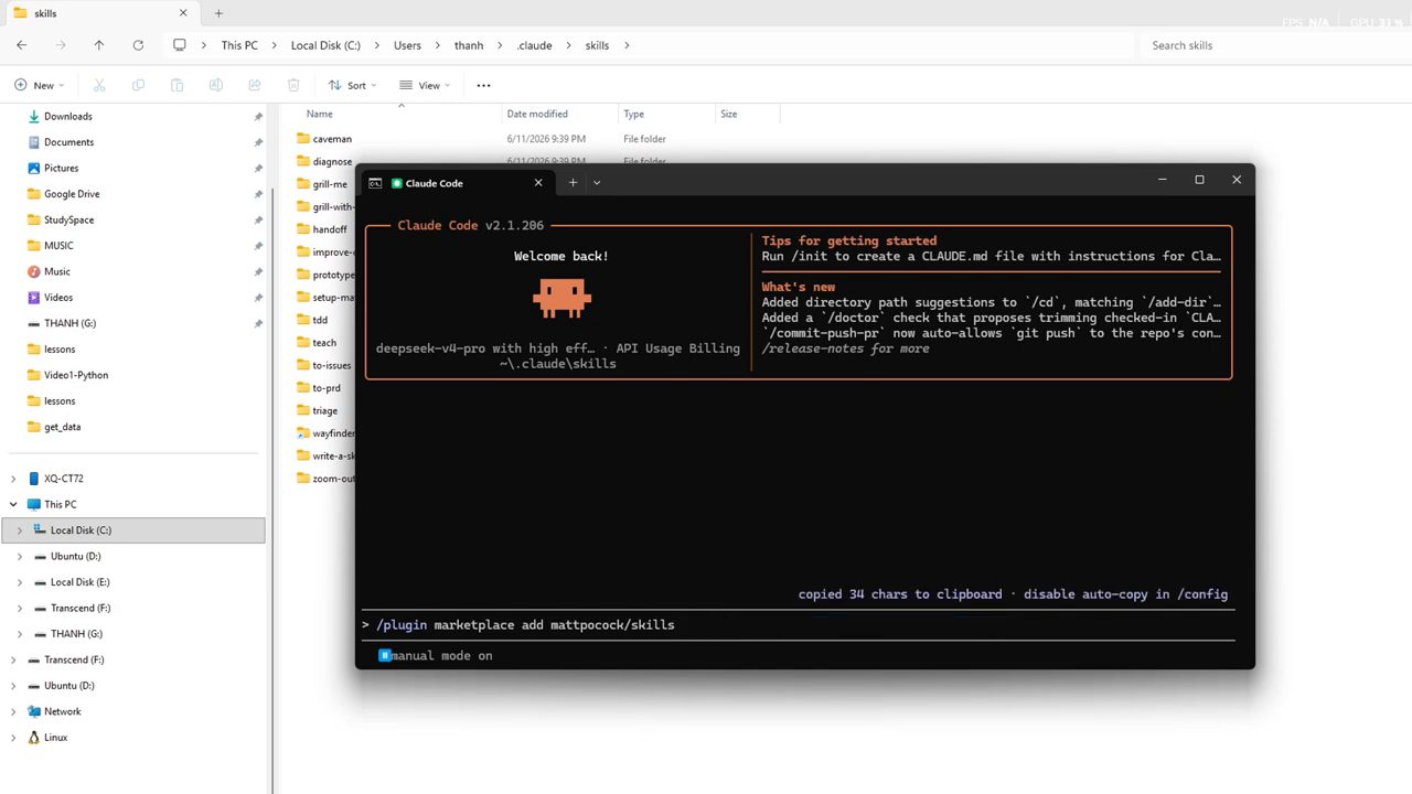 Claude Code mở trong cmd, ô nhập có lệnh /plugin marketplace add mattpocock/skills