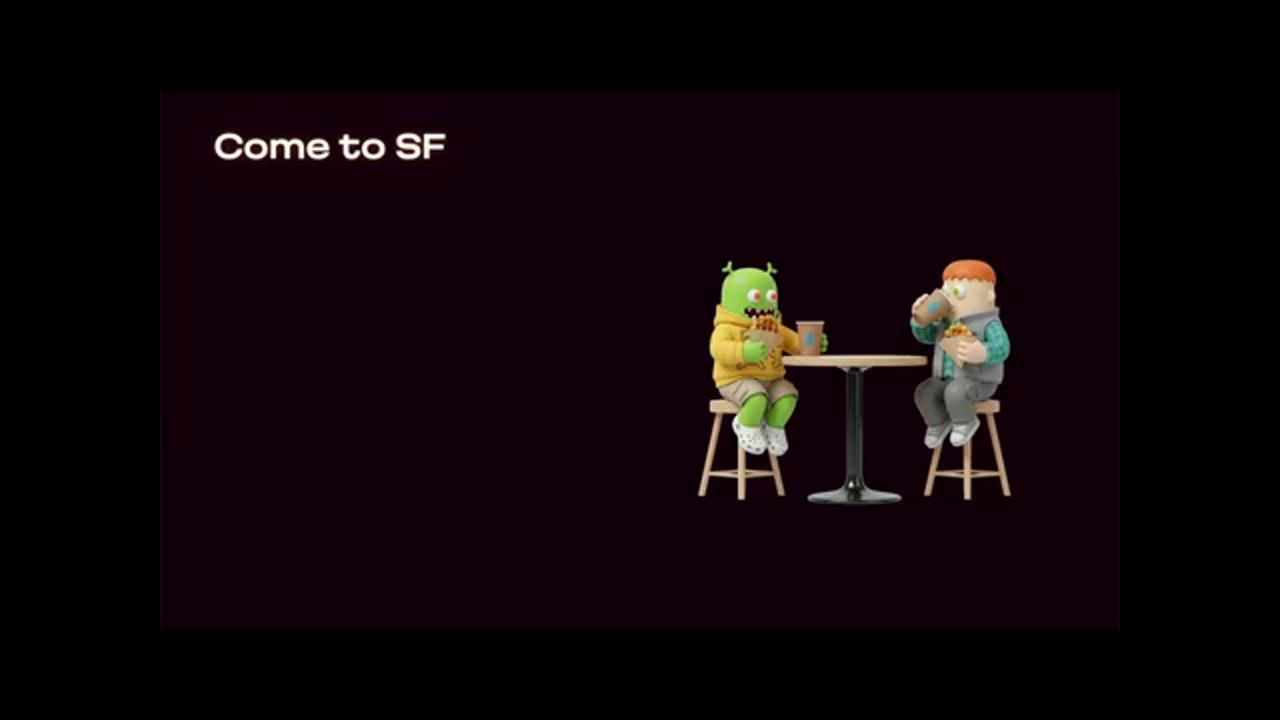 Slide Come to SF với hai nhân vật hoạt hình ngồi uống nước