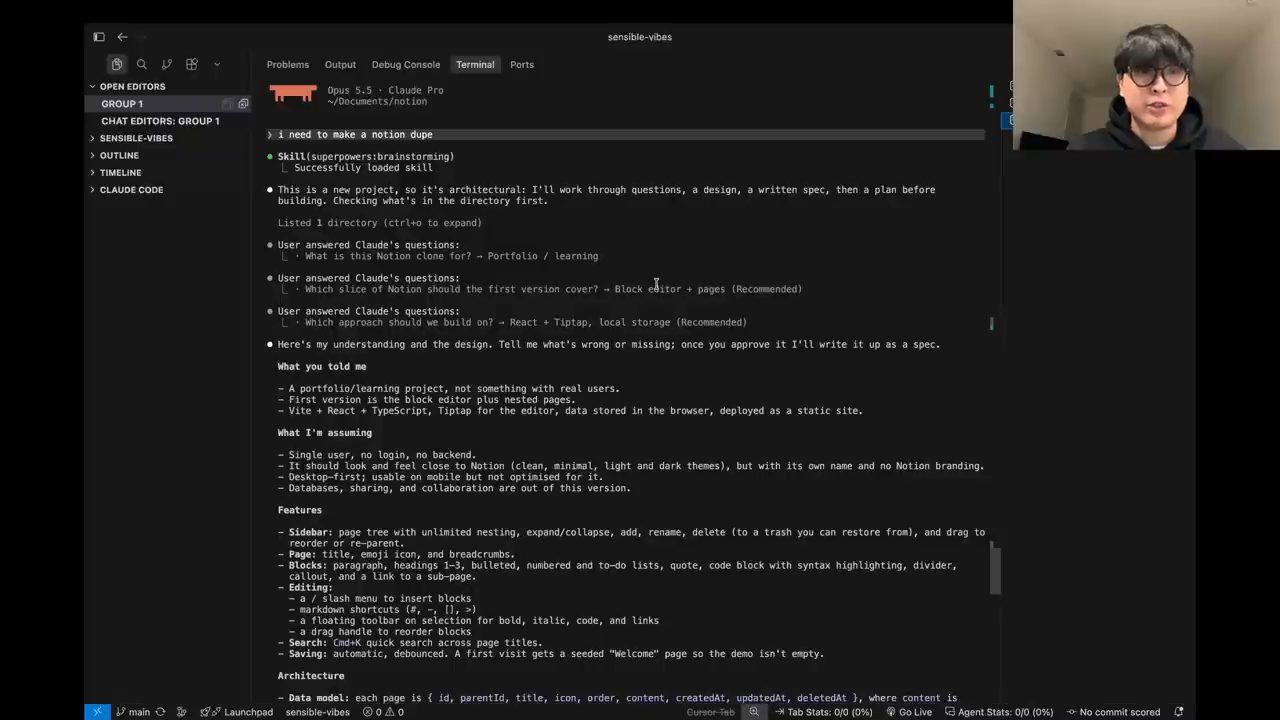 Terminal Claude Code: ba câu hỏi đã trả lời và phần What you told me, What I'm assuming, Features