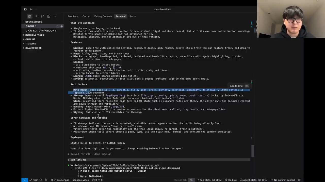 Phần Architecture với Data model, Storage layer, State, Routing, Editor, Styling, Error handling, Deployment